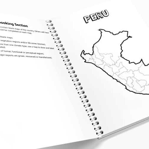 Map of Peru outline on homeschool worksheet for geography study, educational resource from Homeschool Resource Co., perfect for homeschooling geography lessons and map activities.