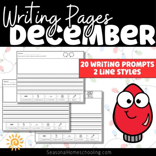 Writing pages December homeschool resources for elementary writing practice, includes 20 prompts with two line styles for fun, engaging handwriting and composition skills development.