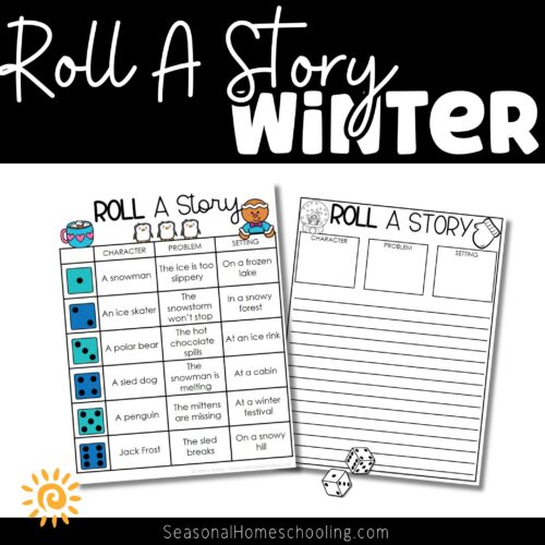 Winter Roll A Story | Story Elements Graphic Organizer | Writing Center 1 Roll a story winter printable activity for homeschool, engaging winter craft for kids, fun winter story game for homeschool resources, educational winter homeschool activity with dice, seasonal homeschool printable for teaching storytelling during winter.
