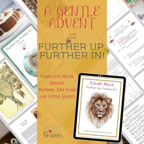Lion illustration on homeschool morning time plans for upper grades, part of "Further Up, Further In" Advent curriculum by Homeschool Resource Co.