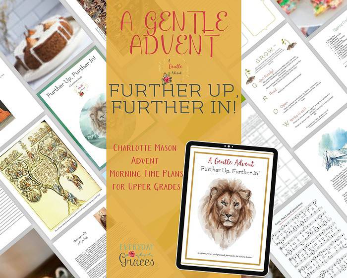 1 Lion illustration on homeschool morning time plans for upper grades, part of "Further Up, Further In" Advent curriculum by Homeschool Resource Co.