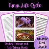 Vivid image of mushroom fungi life cycle writing prompts and reading passage with note-taking sheets for homeschool science lessons.