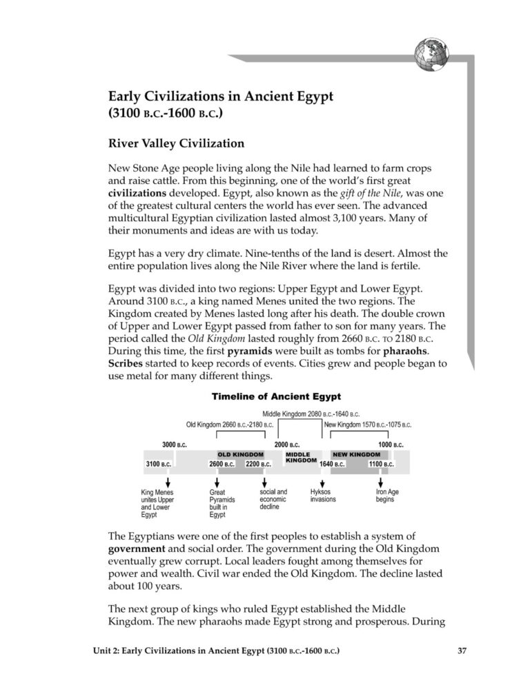 10-worldhistory-parti-student_Page48.jpg Egypt history, ancient Egypt timeline, Egyptian civilization, Egypt pyramids, Egyptian pharaohs, homeschool history resources, early civilizations, ancient history education, Egypt monarchy, Nile River civilization.