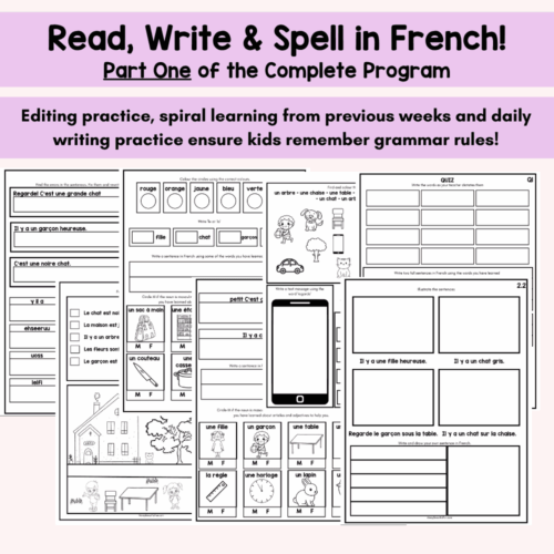 French homeschool language learning resources for reading, writing, and spelling practice, including worksheets and activities designed for homeschool educators and students.