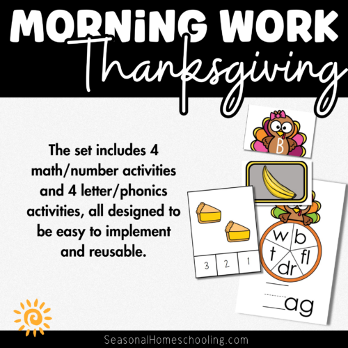 Thanksgiving Morning Bins 2 Homeschool Resource Co. Thanksgiving themed math and letter activities set featuring engaging, reusable printable activities designed for easy implementation in homeschooling.