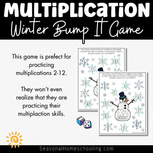 Winter Snowman Bump Dice Game with Multiplication Up to 12 sampling of pages included