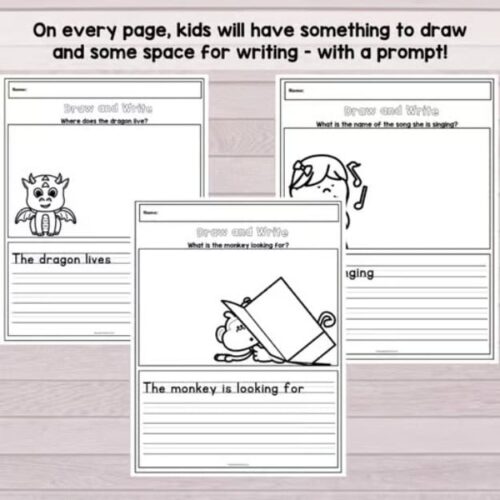 Engaging homeschool kids drawing and writing worksheets for creative learning, featuring prompts for storytelling and art in a fun, educational resource for homeschooling families.