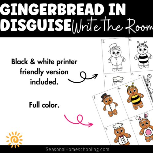 Bright and colorful gingerbread-themed write the room activity for homeschool kids, featuring printable black & white and full-color versions, perfect for sensory and educational play.