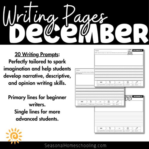 Writing pages for homeschool, homeschool writing prompts, elementary writing activities, beginner to advanced writing skills, narrative and opinion writing exercises, seasonal homeschool resources.