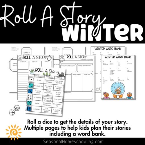 Winter Roll A Story | Story Elements Graphic Organizer | Writing Center 2 Dice game for kids, winter story prompts, storytelling activities for homeschool, educational winter worksheet, homeschool winter literacy game.