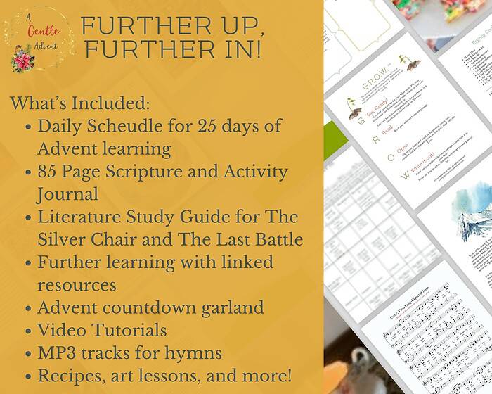 2 Comprehensive homeschool Advent learning resource with daily schedules, scripture journals, literature guides, linked resources, countdown garland, video tutorials, hymn MP3s, recipe ideas, art lessons, and more.