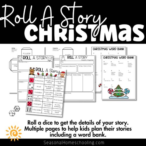Christmas Roll A Story | Story Elements Graphic Organizer | Writing Center 2 Roll a story christmas educational activity printable for homeschool and literacy fun for kids and teachers.
