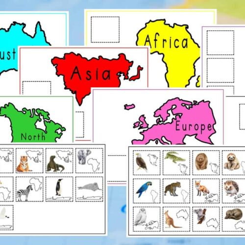 Colorful world map with country and continent outlines, animal matching activity for homeschool learning, geography, and educational resources for homeschooling families.