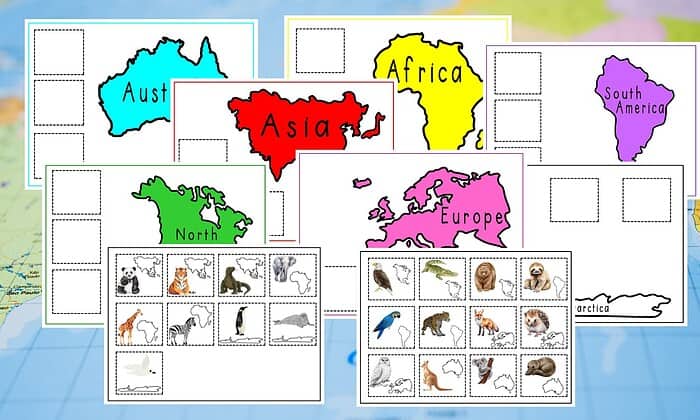 2 - Copy Colorful world map with country and continent outlines, animal matching activity for homeschool learning, geography, and educational resources for homeschooling families.