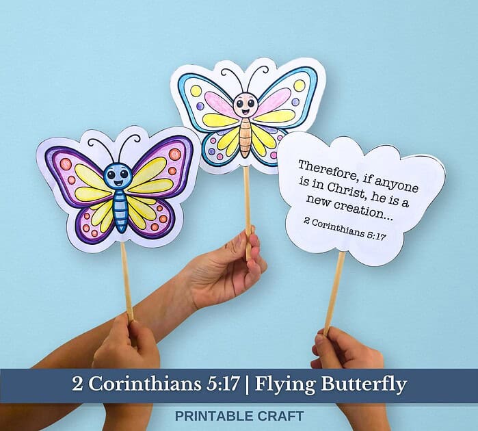2 Corinthains 5_17 - listing image 1 Colorful paper butterfly craft with biblical verse 2 Corinthians 5:17 for homeschooling children, Christian education, faith-based activities, and Scripture learning resources.