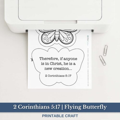 Bible verse printable craft for homeschooling, featuring 2 Corinthians 5:17 with a flying butterfly design, perfect for Christian homeschool activities, Sunday school, and faith-based education.