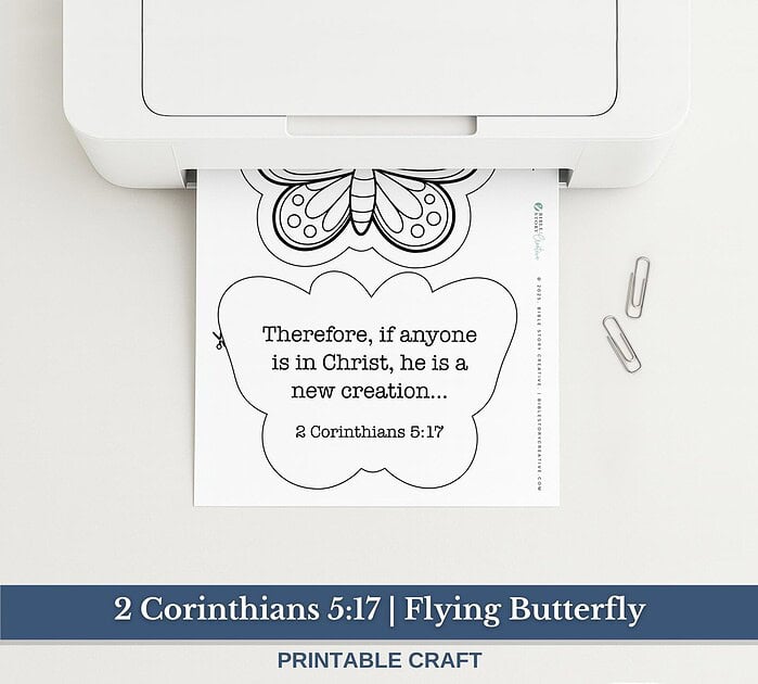 2 Corinthains 5_17 - listing image 2 Bible verse printable craft for homeschooling, featuring 2 Corinthians 5:17 with a flying butterfly design, perfect for Christian homeschool activities, Sunday school, and faith-based education.