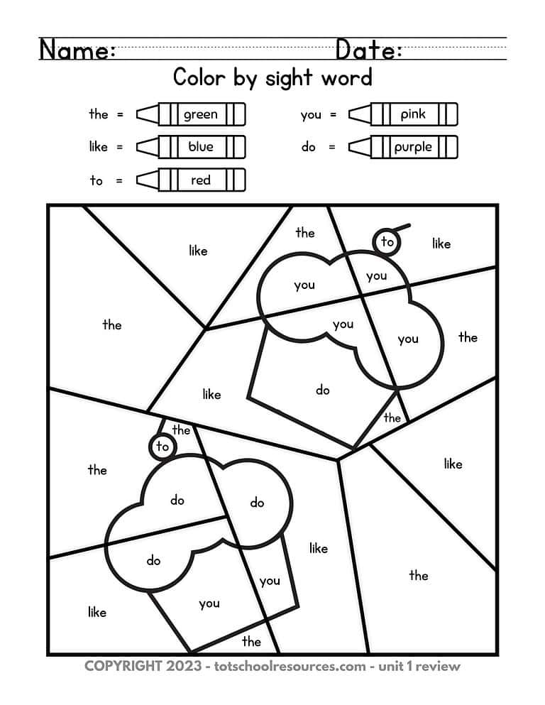 26 Green, pink, blue, purple, red; sight words, homeschool resources, early literacy, educational printables, homeschool curriculum activities; This sight word coloring activity from Homeschool Resource Co. helps children learn basic sight words like "the," "like," "to," "you," and "do" through engaging coloring exercises, supporting early literacy skills in homeschool settings.