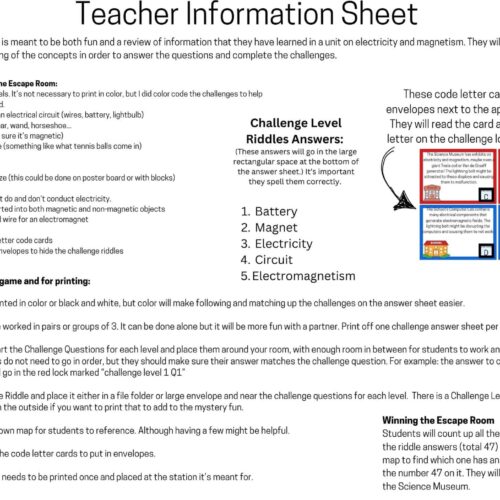 Escape room teacher information sheet, homeschool science activity, educational science game, magnetism and electricity lesson plan, homeschool resource for science learning.