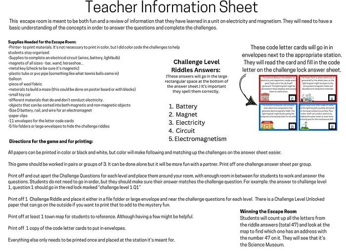 3 Escape room teacher information sheet, homeschool science activity, educational science game, magnetism and electricity lesson plan, homeschool resource for science learning.