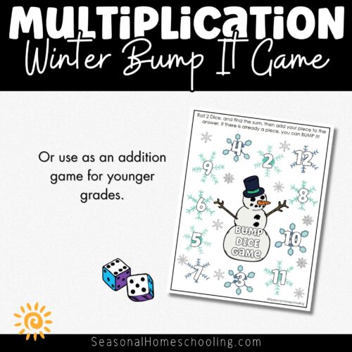 Winter Snowman Bump Dice Game with Multiplication Up to 12 sampling of pages included