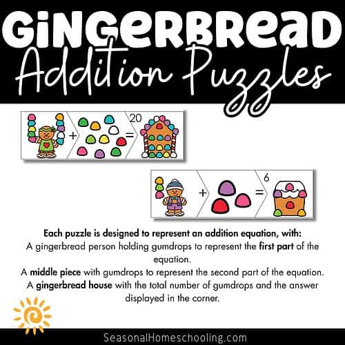 Gingerbread Addition Puzzles to 20 sampling of what is included