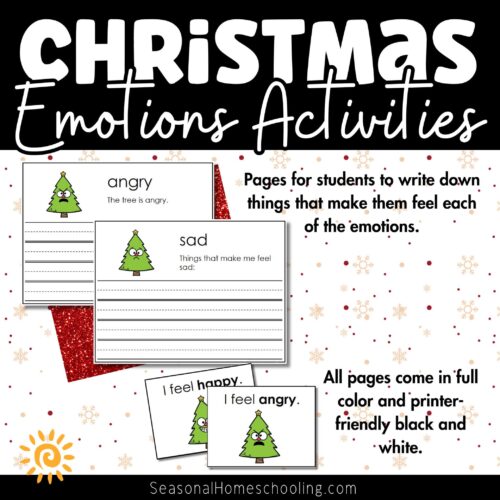 Christmas Tree Emotions - Emotion Exploration Cards 3 "Holiday-themed emotions activity for kids featuring Christmas trees illustrating feelings like anger and sadness, with printable pages for children to write and express emotions.".
