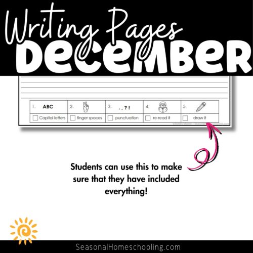 Writing pages December, homeschool worksheet for students with activities on capital letters, finger spaces, punctuation, re-reading, and drawing, ideal for homeschooling resources.