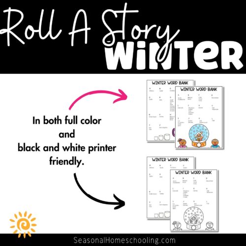 Winter themed homeschool printables for snow globe scenes, winter word banks, and coloring activities, in full color and black and white, ideal for homeschooling resources.