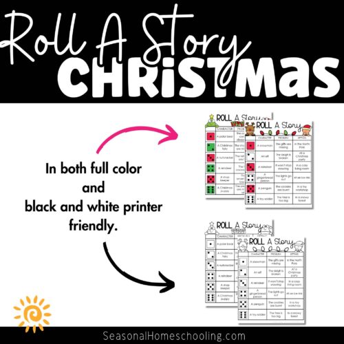 Roll A Story Christmas printable with full color and black-and-white options for homeschool holiday activities. Perfect for engaging storytelling and literacy practice.