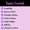 1. Homeschool resource infographic listing topics covered including vocabulary, grammar check, descriptive and creative writing, poetry analysis, reflection, and literary connections.