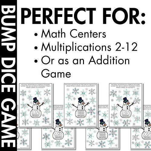Winter Snowman Bump Dice Game with Multiplication Up to 12 sampling of pages included