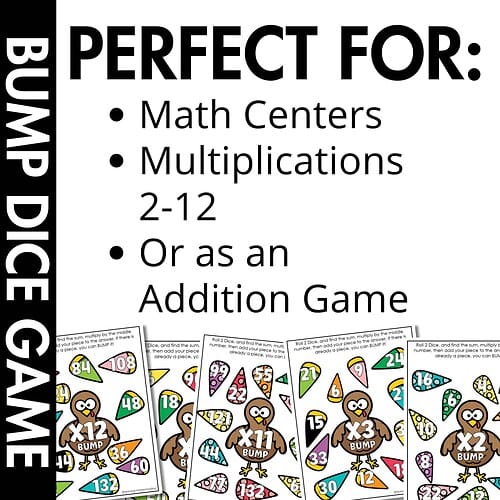 Turkey Bump Dice Game with Multiplication Up to 12 4 Turkey Bump Dice Game with Multiplication Up to 12 sampling of what is included