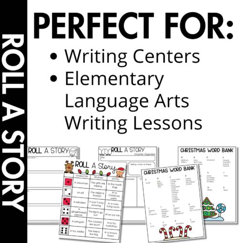Christmas Roll A Story | Story Elements Graphic Organizer | Writing Center4 Roll a story writing activity for elementary homeschool language arts and writing lessons, Christmas word bank printables for holiday learning, fun educational resources for homeschool students.