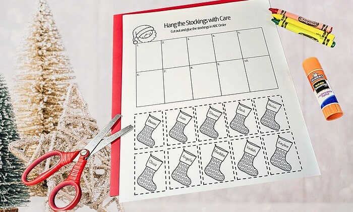 4 Stocking decorating activity worksheet with child-friendly holiday craft supplies for homeschool learning and seasonal fun.