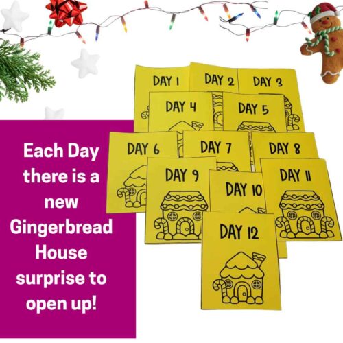 Candy cane gingerbread house advent calendar for homeschooling, holiday DIY activity, Christmas countdown, printable daily activity sheets, festive winter homeschool resources.