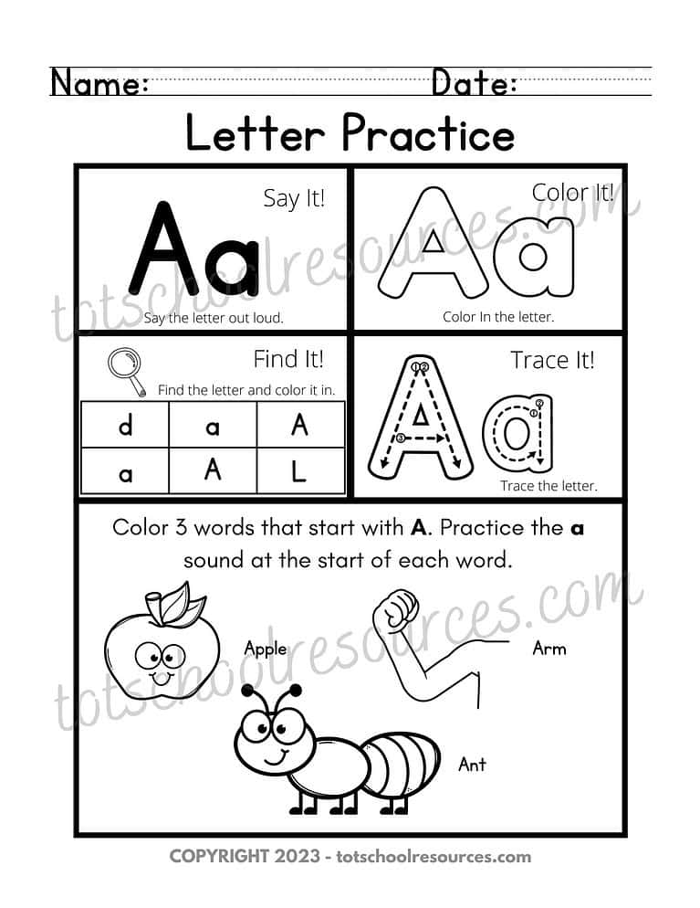5 Letter practice worksheet for homeschooling, featuring activities like letter tracing, coloring, finding, and sounding out the letter A for early childhood literacy learning.