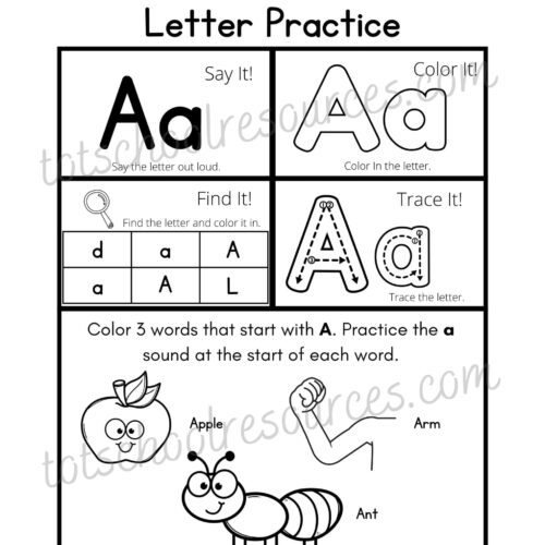 Letter practice worksheet for homeschooling, featuring activities like letter tracing, coloring, finding, and sounding out the letter A for early childhood literacy learning.