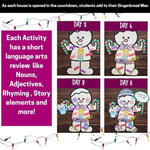 Colorful gingerbread house craft for homeschool language arts review, focusing on nouns, adjectives, rhyming, and story elements, perfect for engaging elementary students in science of words.