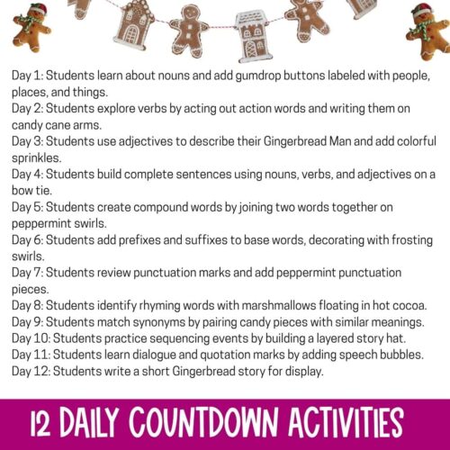 Gingerbread themed educational activities for homeschooling, focusing on language arts, vocabulary, punctuation, rhyming, and storytelling, ideal for holiday seasonal learning.