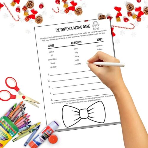 Bright holiday-themed image of a homeschooling activity sheet with colorful crayons, scissors, glue, and festive decorations, perfect for homeschooling resources and educational games for kids.