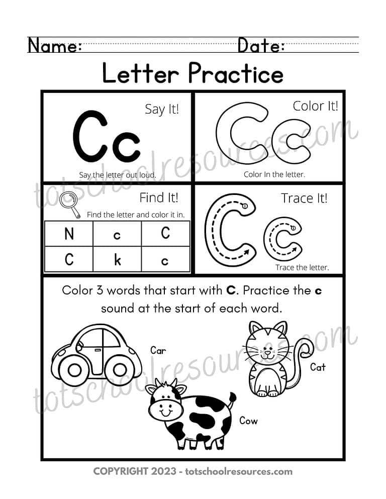 9 Letter practice worksheet for homeschool early learning, focusing on letter C with activities including coloring, tracing, finding, and practicing the C sound. Perfect for homeschooling resources.