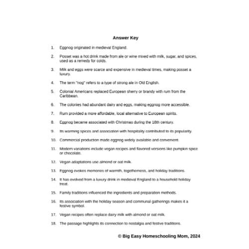 The History of Eggnog Reading Passage, Q & A, and Note-Taking Sheets