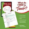 Interactive homeschool Bible curriculum resource with teacher and student books, decorated with colorful illustrations, handwriting, and timeline options for teaching the birth of Jesus to grades 1-8.