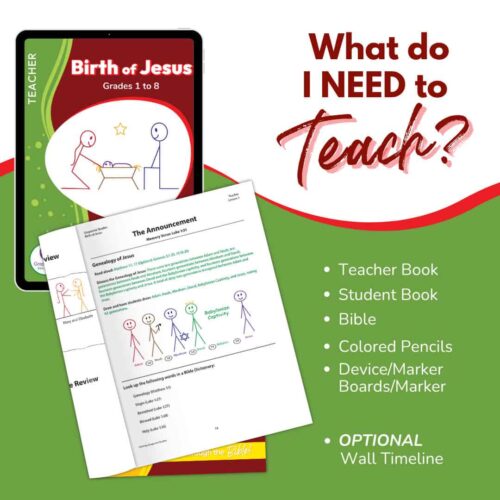 Interactive homeschool Bible curriculum resource with teacher and student books, decorated with colorful illustrations, handwriting, and timeline options for teaching the birth of Jesus to grades 1-8.