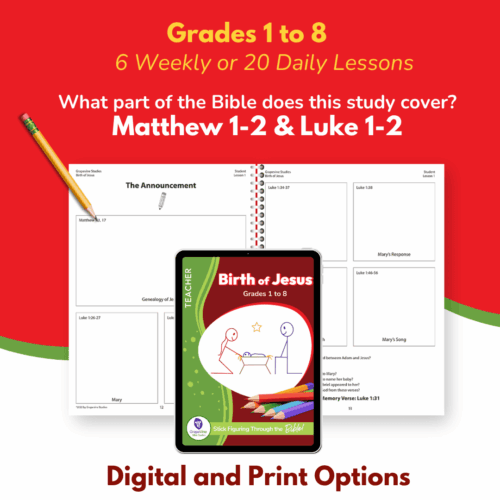 Exercise in homeschool Bible study, Matthew 1-2 & Luke 1-2, grades 1 to 8, printable and digital homeschool curriculum for religious education, Bible lessons for children, Christian homeschooling resources.