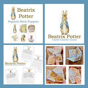 Beatrix Potter printable set with copywork of quotes from the books, a cootie catcher, and puppets