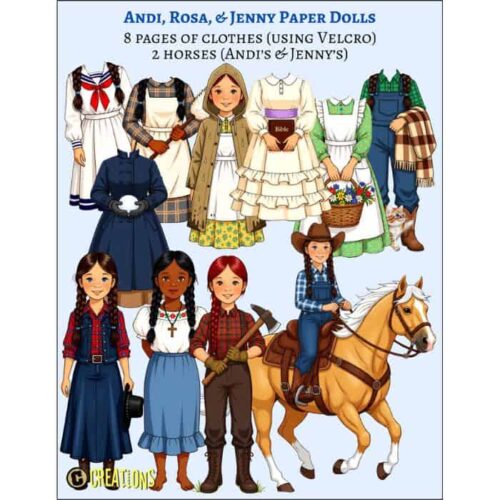 CCA Paper Dolls Agnus, Sofia & Jenny Paper Dolls with traditional homeschool clothing and accessories, including a horse and cowboy gear, perfect for homeschooling activities and educational role-playing resources.