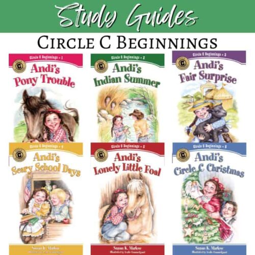 An educational image showcasing a homeschool study guide collection focused on Circle C Beginnings books, featuring colorful illustrations of children's stories and characters.