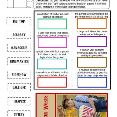 Circus-themed educational worksheet for homeschool, featuring vocabulary words and definitions related to circus acts, perfect for engaging children in fun learning activities.